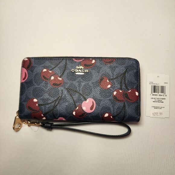 NWWT Coach CZ328 Long Zip Around Wallet Denim Signature Canvas Cherry Print - Picture 1 of 3